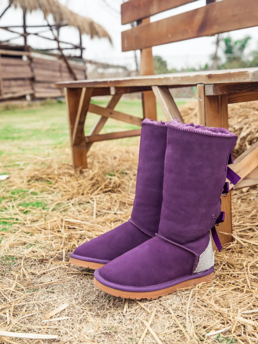 Rhinestone Ribbon Ballet Bow Suede Boots - Purple