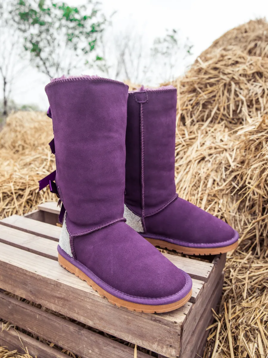 Rhinestone Ribbon Ballet Bow Suede Boots - Purple