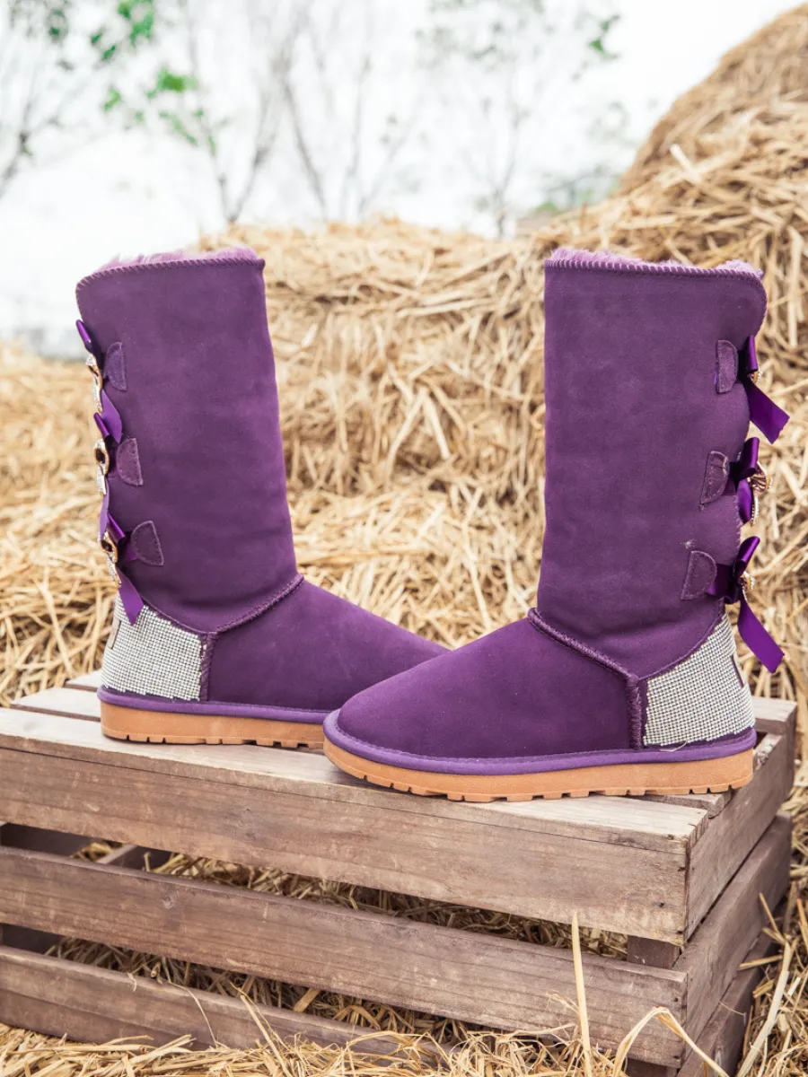 Rhinestone Ribbon Ballet Bow Suede Boots - Purple