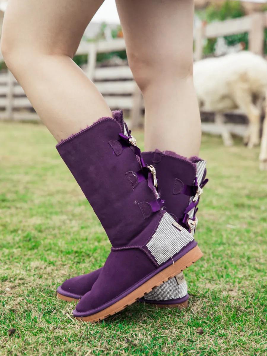 Rhinestone Ribbon Ballet Bow Suede Boots - Purple