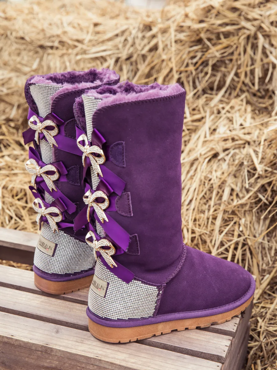 Rhinestone Ribbon Ballet Bow Suede Boots - Purple
