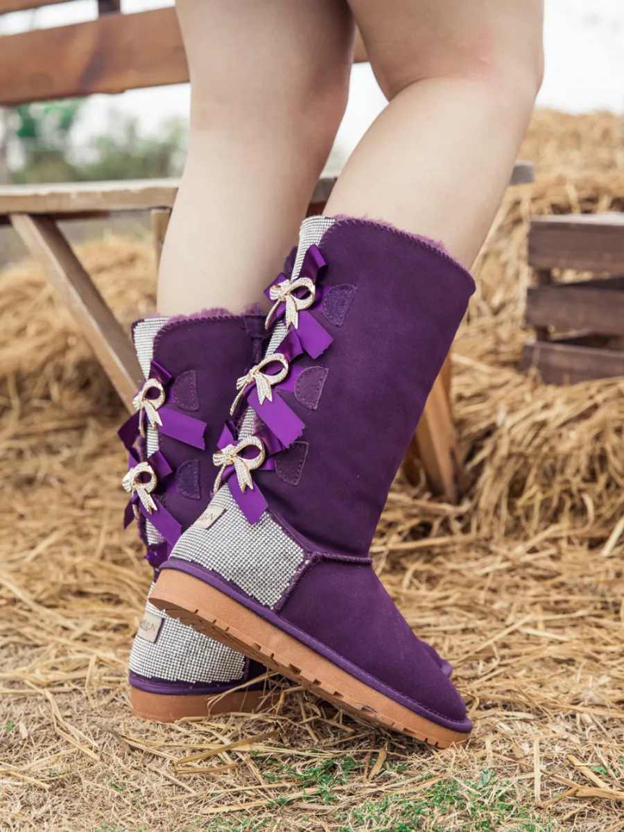 Rhinestone Ribbon Ballet Bow Suede Boots - Purple