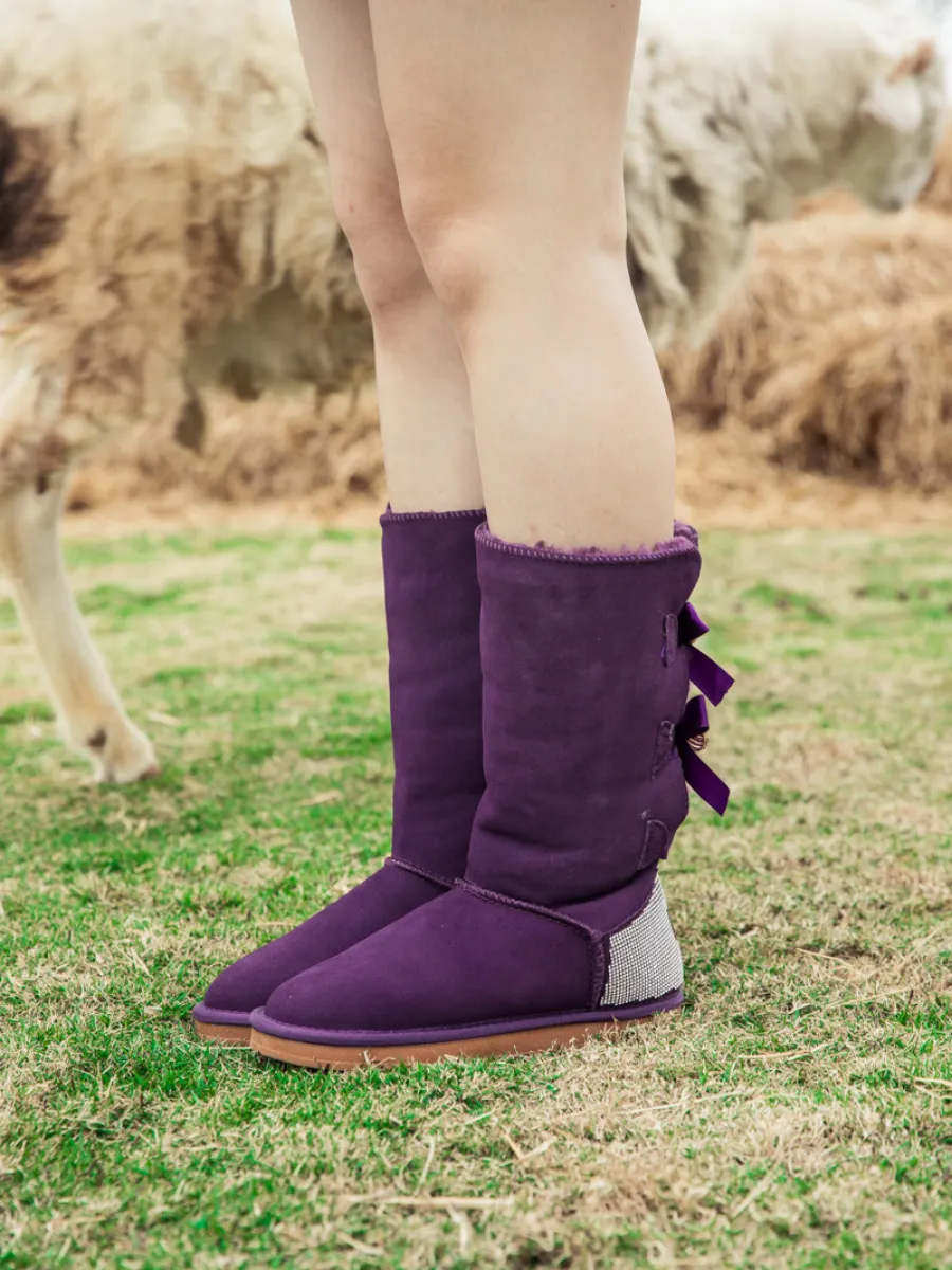 Rhinestone Ribbon Ballet Bow Suede Boots - Purple