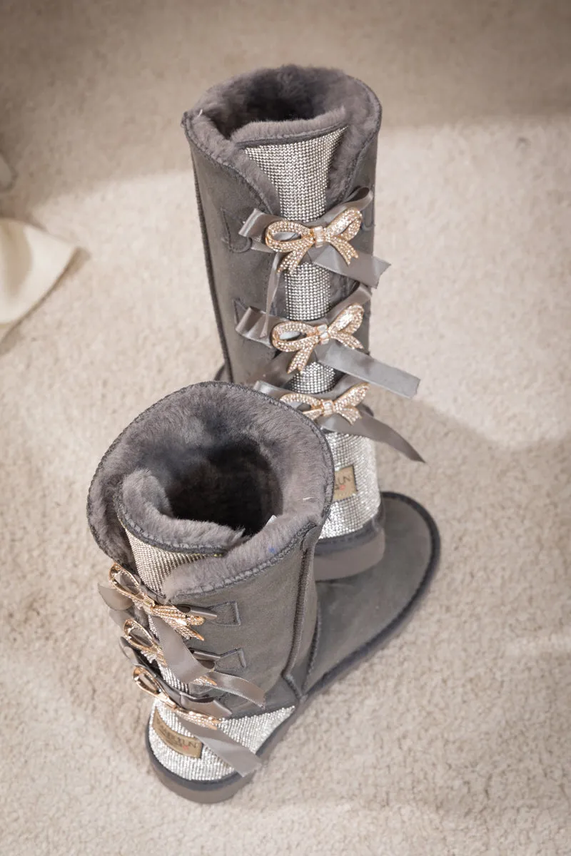Rhinestone Ribbon Tri-Tie Bow Suede Boots - Grey