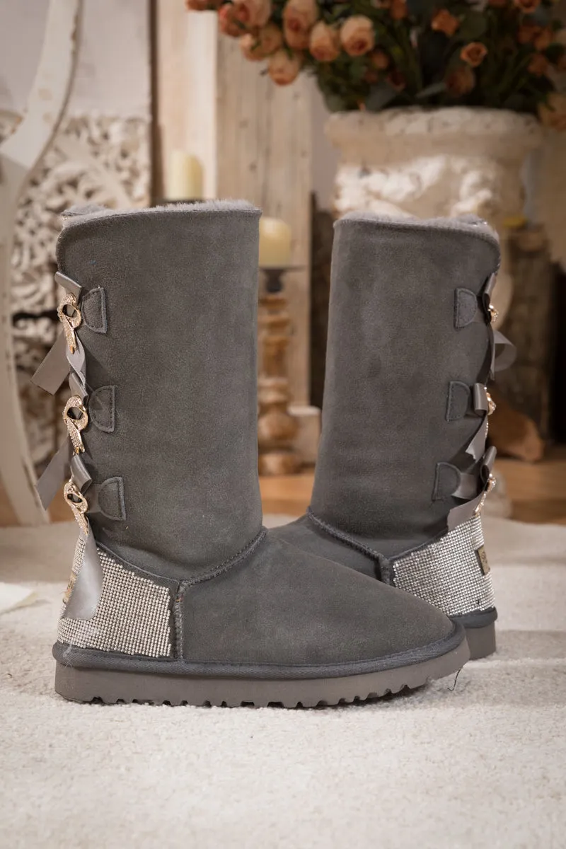Rhinestone Ribbon Tri-Tie Bow Suede Boots - Grey