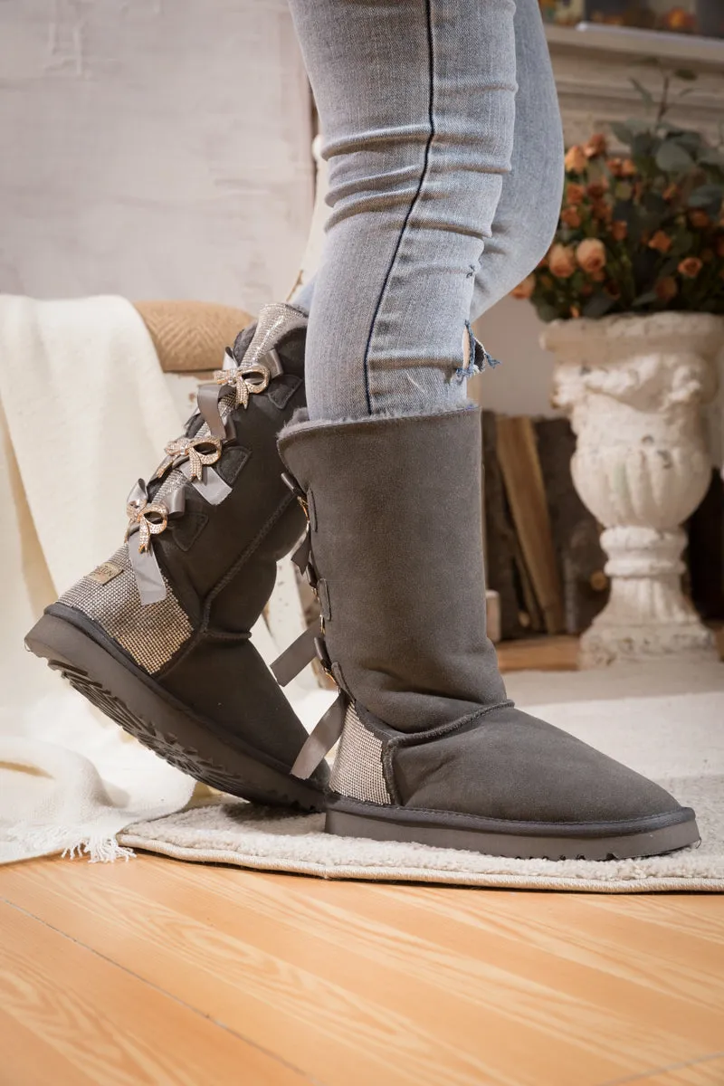 Rhinestone Ribbon Tri-Tie Bow Suede Boots - Grey