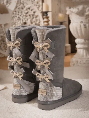 Rhinestone Ribbon Tri-Tie Bow Suede Boots - Grey