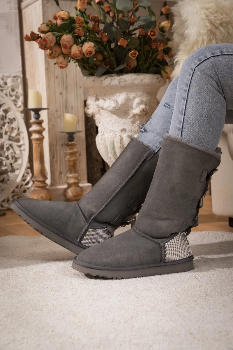 Rhinestone Ribbon Tri-Tie Bow Suede Boots - Grey