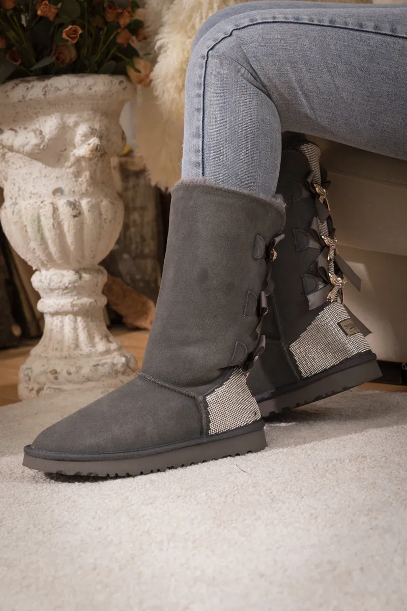 Rhinestone Ribbon Tri-Tie Bow Suede Boots - Grey