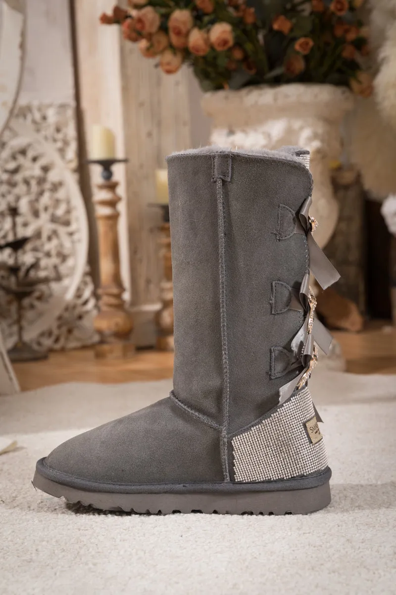Rhinestone Ribbon Tri-Tie Bow Suede Boots - Grey
