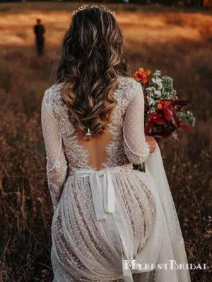 Romantic V-neck Long Sleeve Lace A-line Long Cheap Wedding Dresses, WDS0038