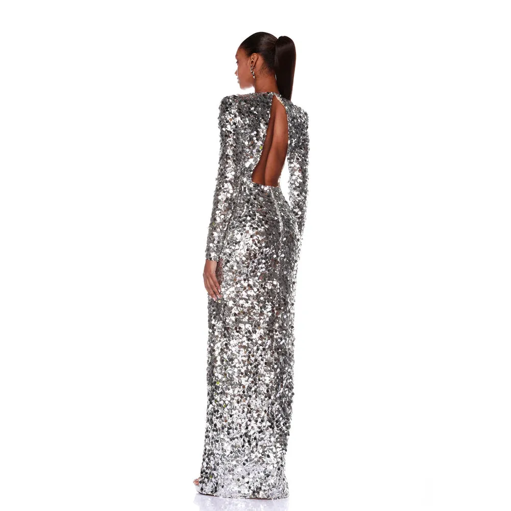 Round Neck Long Sleeve Shiny Maxi Dress KLYF1387