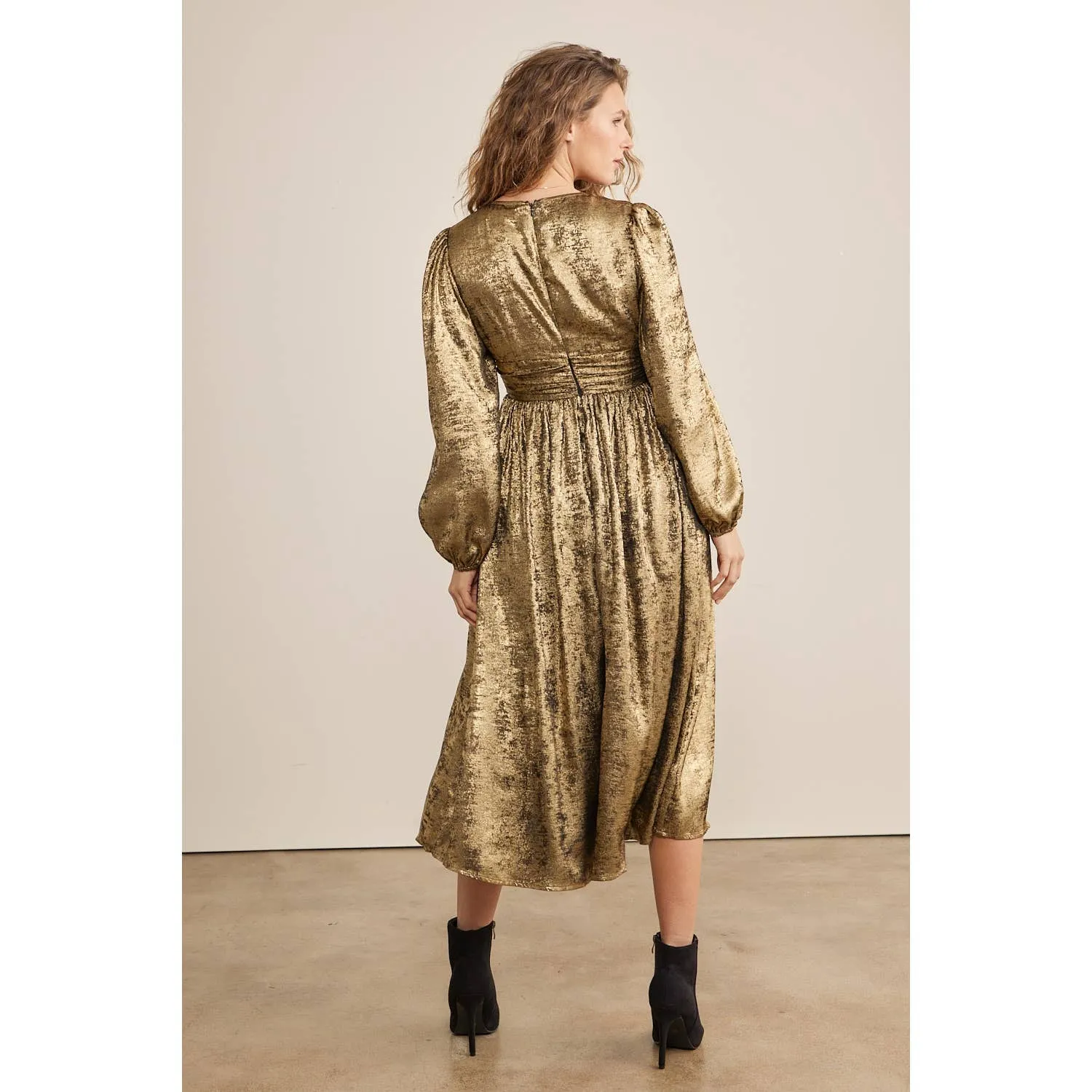 SALE SHINY NIGHTTIME METALLIC PLUNGE NECK MIDI DRESS
