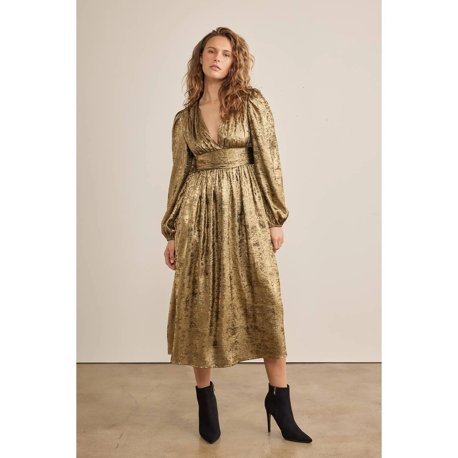 SALE SHINY NIGHTTIME METALLIC PLUNGE NECK MIDI DRESS