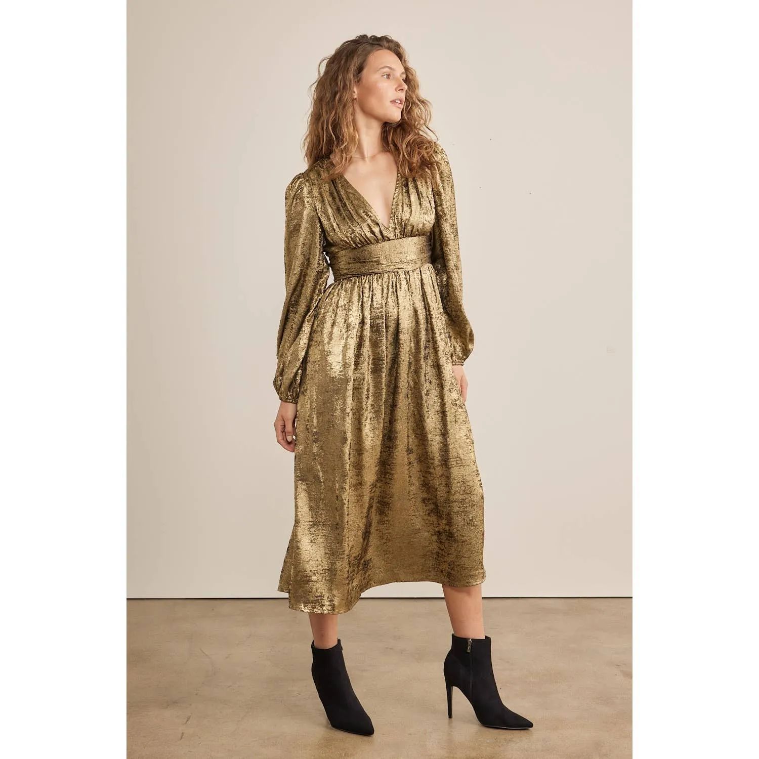 SALE SHINY NIGHTTIME METALLIC PLUNGE NECK MIDI DRESS