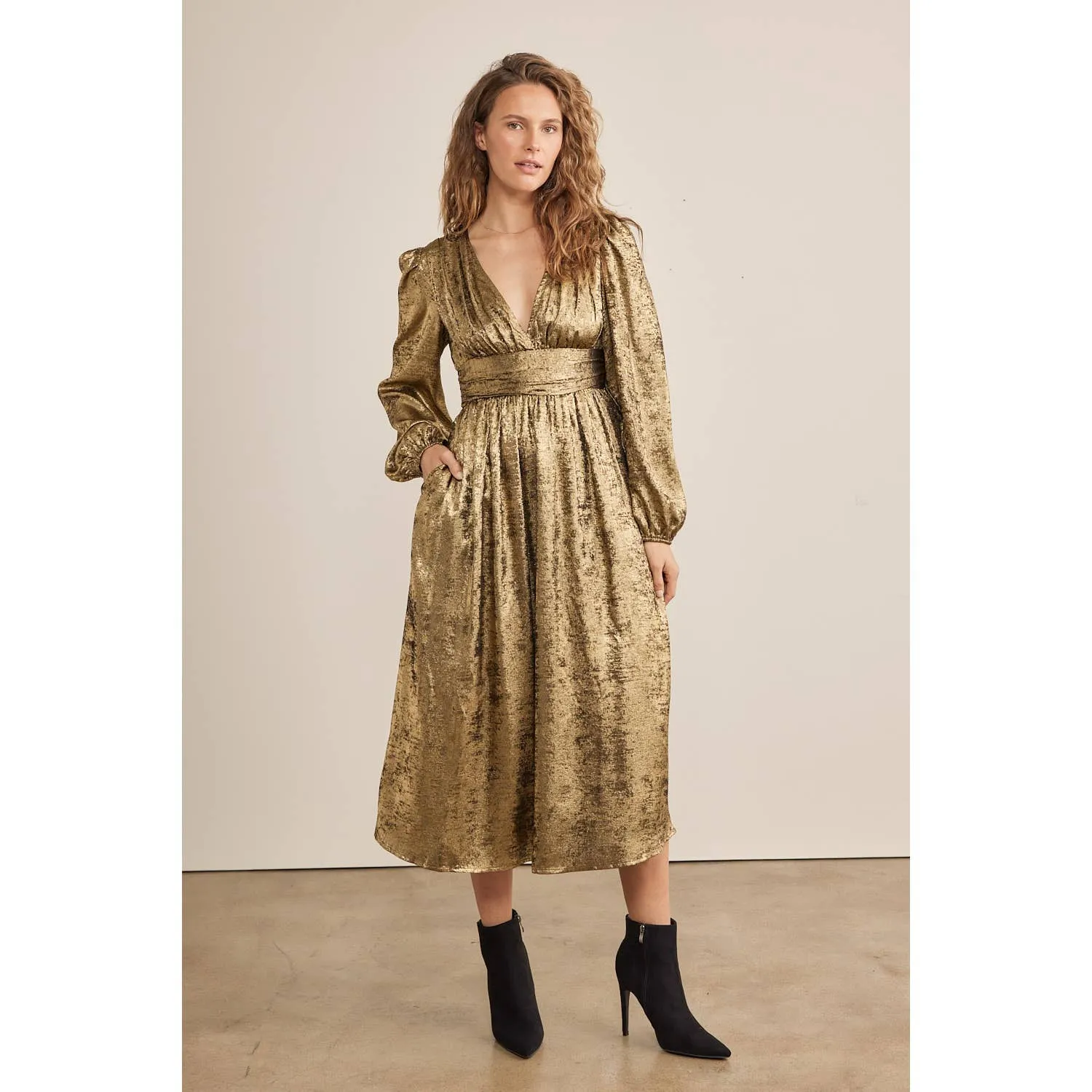 SALE SHINY NIGHTTIME METALLIC PLUNGE NECK MIDI DRESS