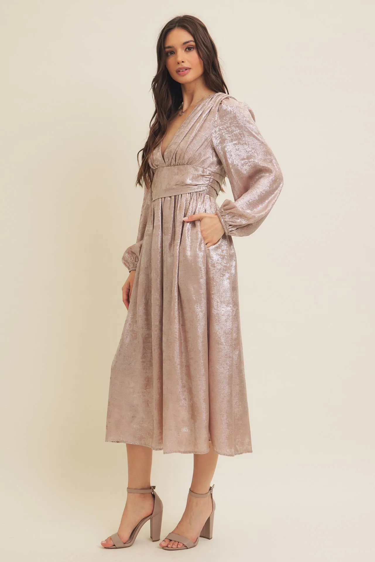 SALE SHINY NIGHTTIME METALLIC PLUNGE NECK MIDI DRESS