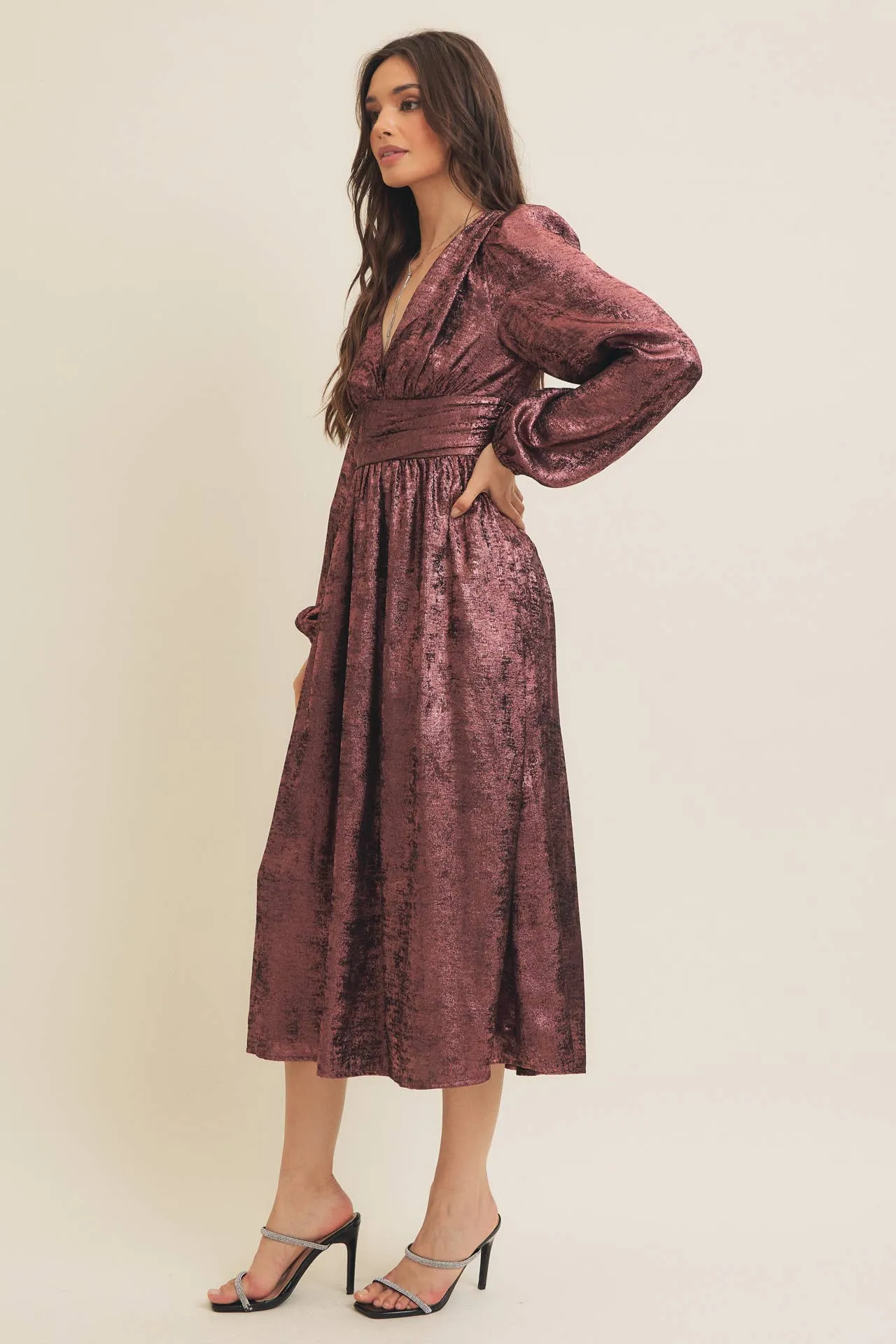 SALE SHINY NIGHTTIME METALLIC PLUNGE NECK MIDI DRESS