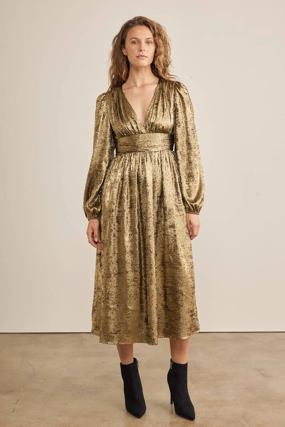 SALE SHINY NIGHTTIME METALLIC PLUNGE NECK MIDI DRESS