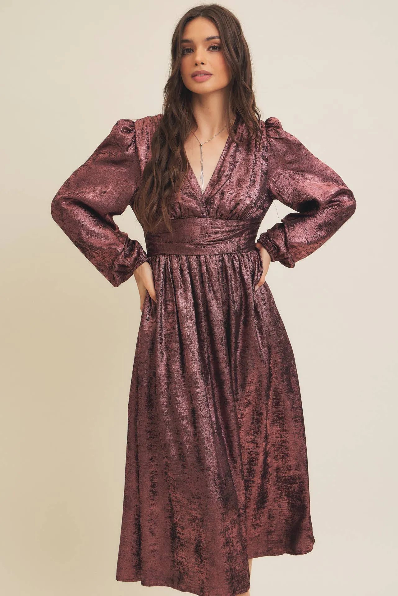 SALE SHINY NIGHTTIME METALLIC PLUNGE NECK MIDI DRESS