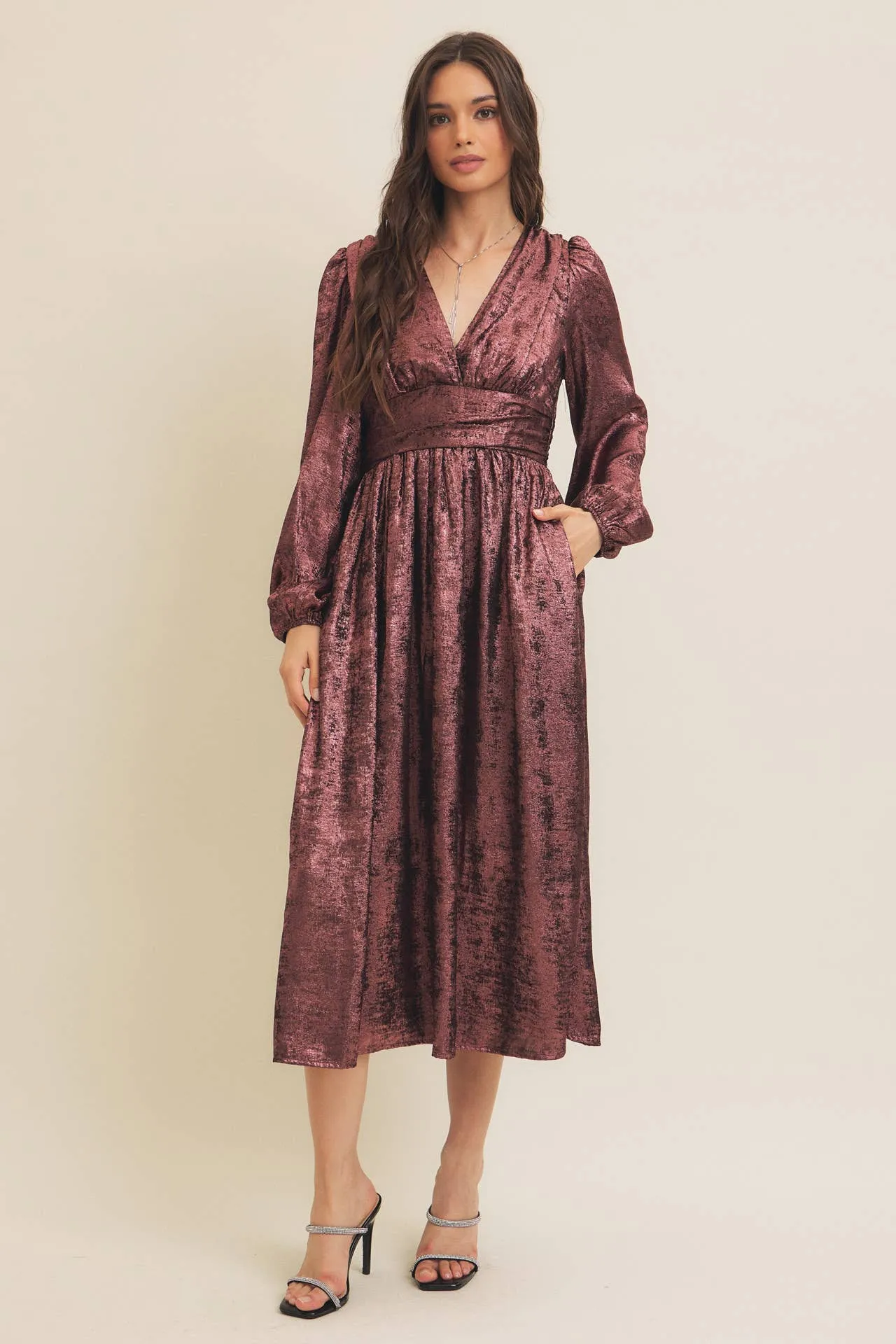 SALE SHINY NIGHTTIME METALLIC PLUNGE NECK MIDI DRESS