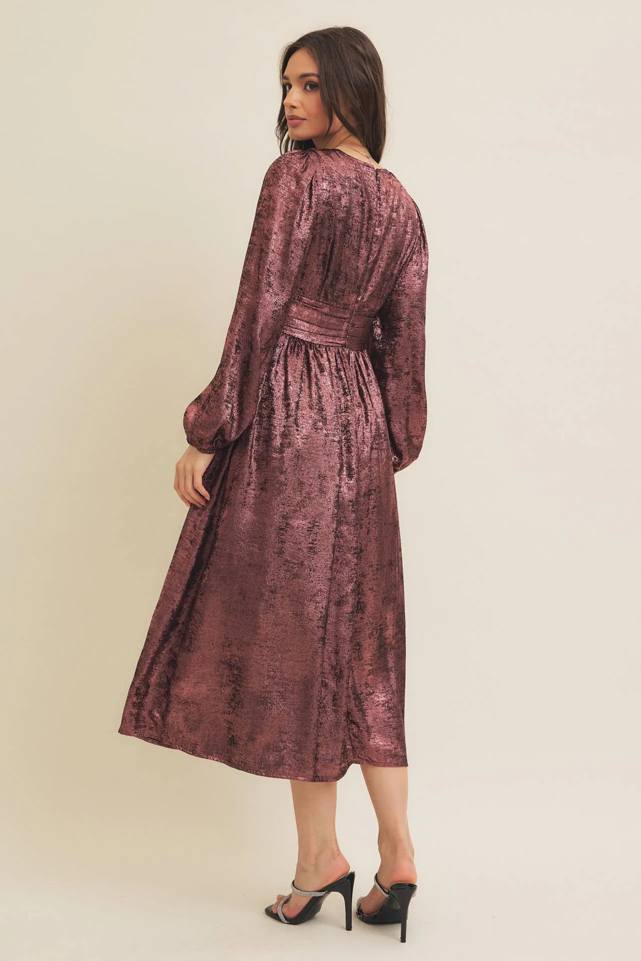 SALE SHINY NIGHTTIME METALLIC PLUNGE NECK MIDI DRESS