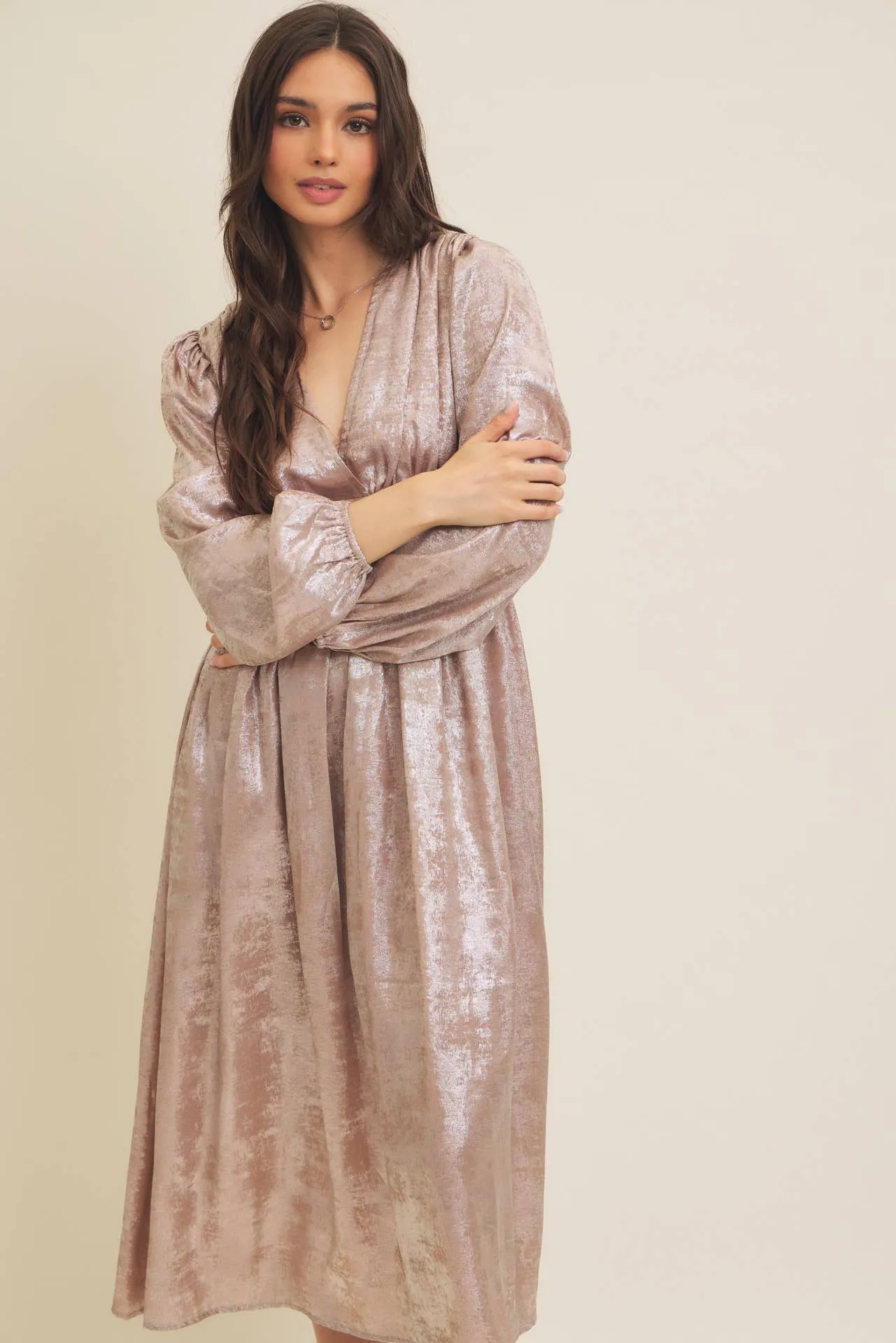 SALE SHINY NIGHTTIME METALLIC PLUNGE NECK MIDI DRESS