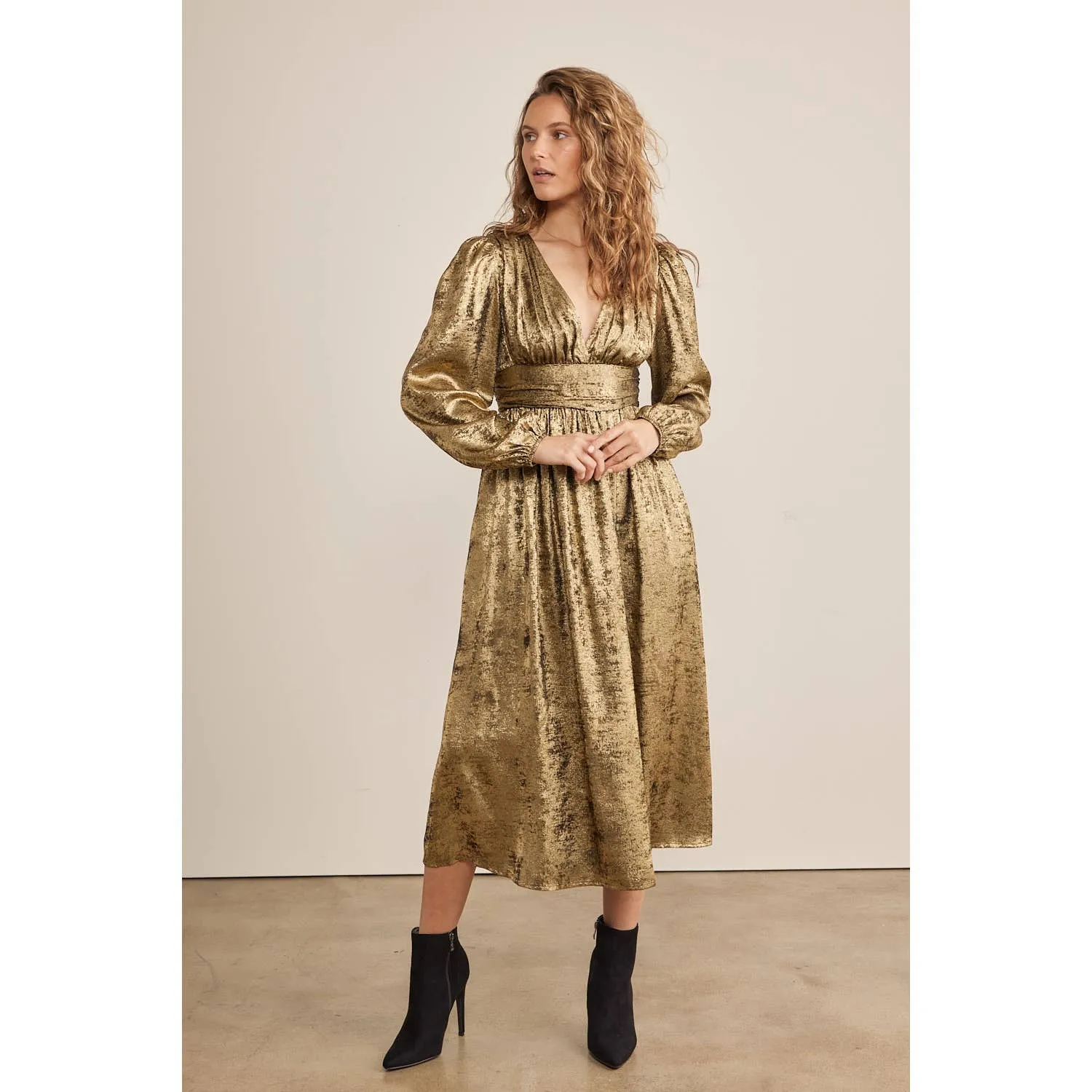 SALE SHINY NIGHTTIME METALLIC PLUNGE NECK MIDI DRESS
