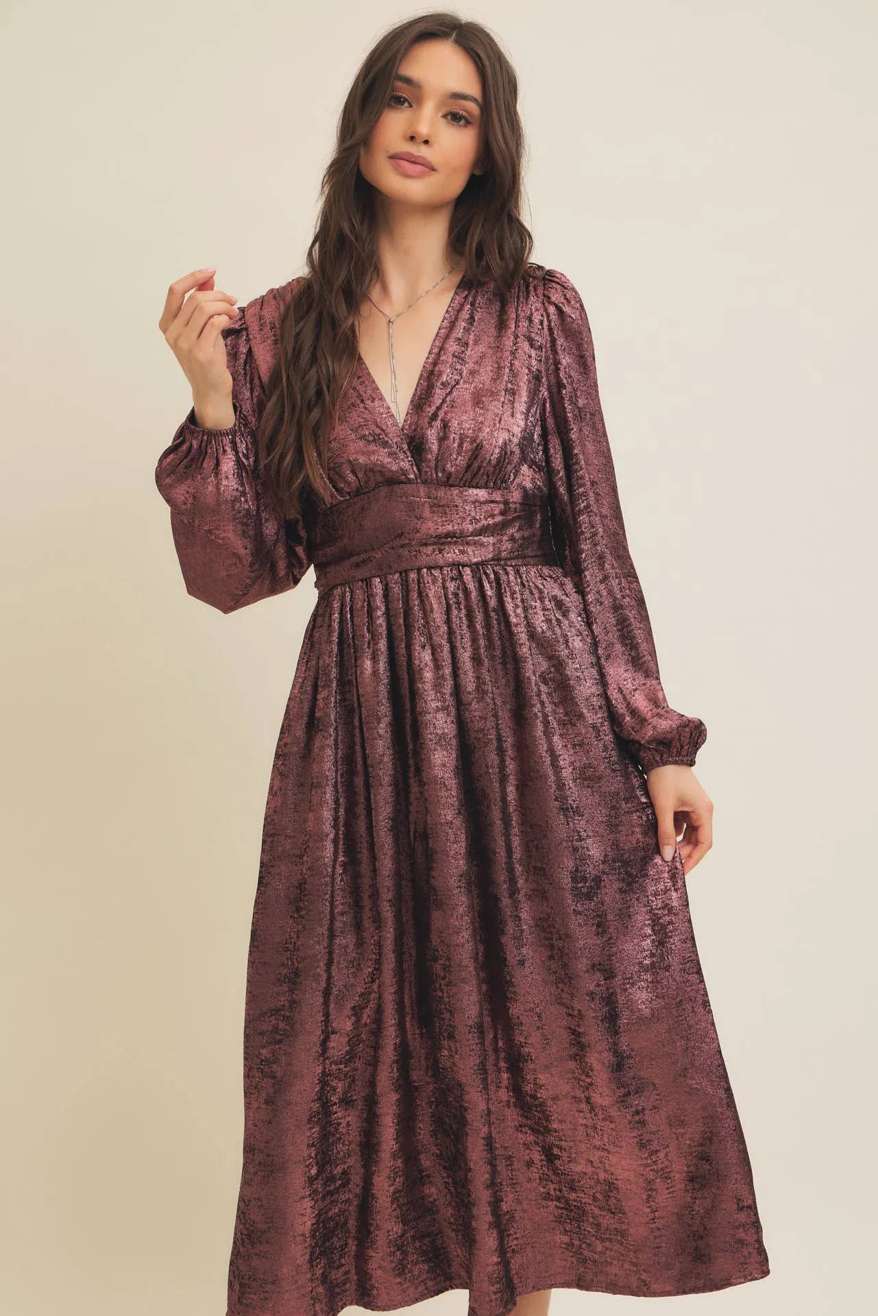 SALE SHINY NIGHTTIME METALLIC PLUNGE NECK MIDI DRESS