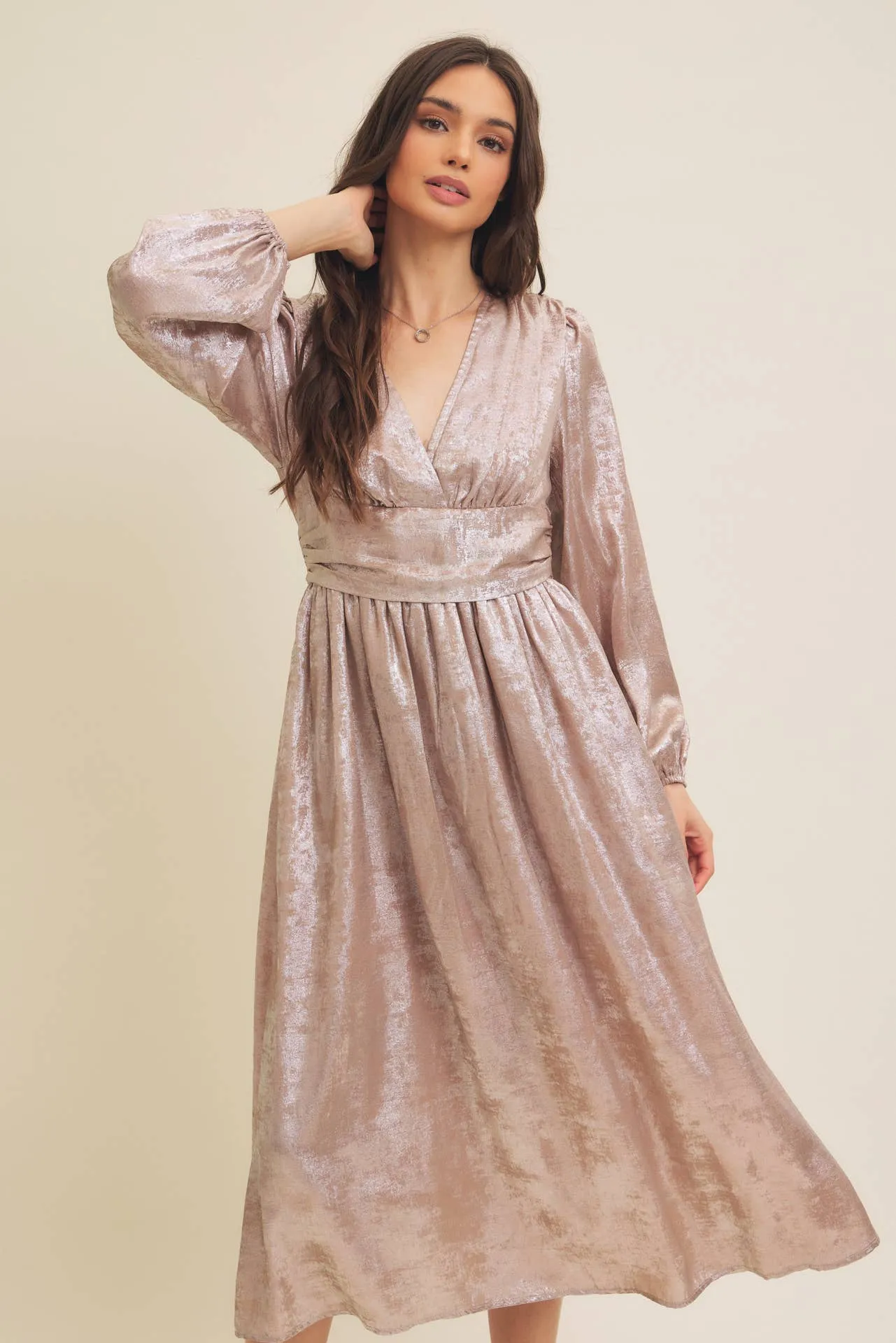 SALE SHINY NIGHTTIME METALLIC PLUNGE NECK MIDI DRESS