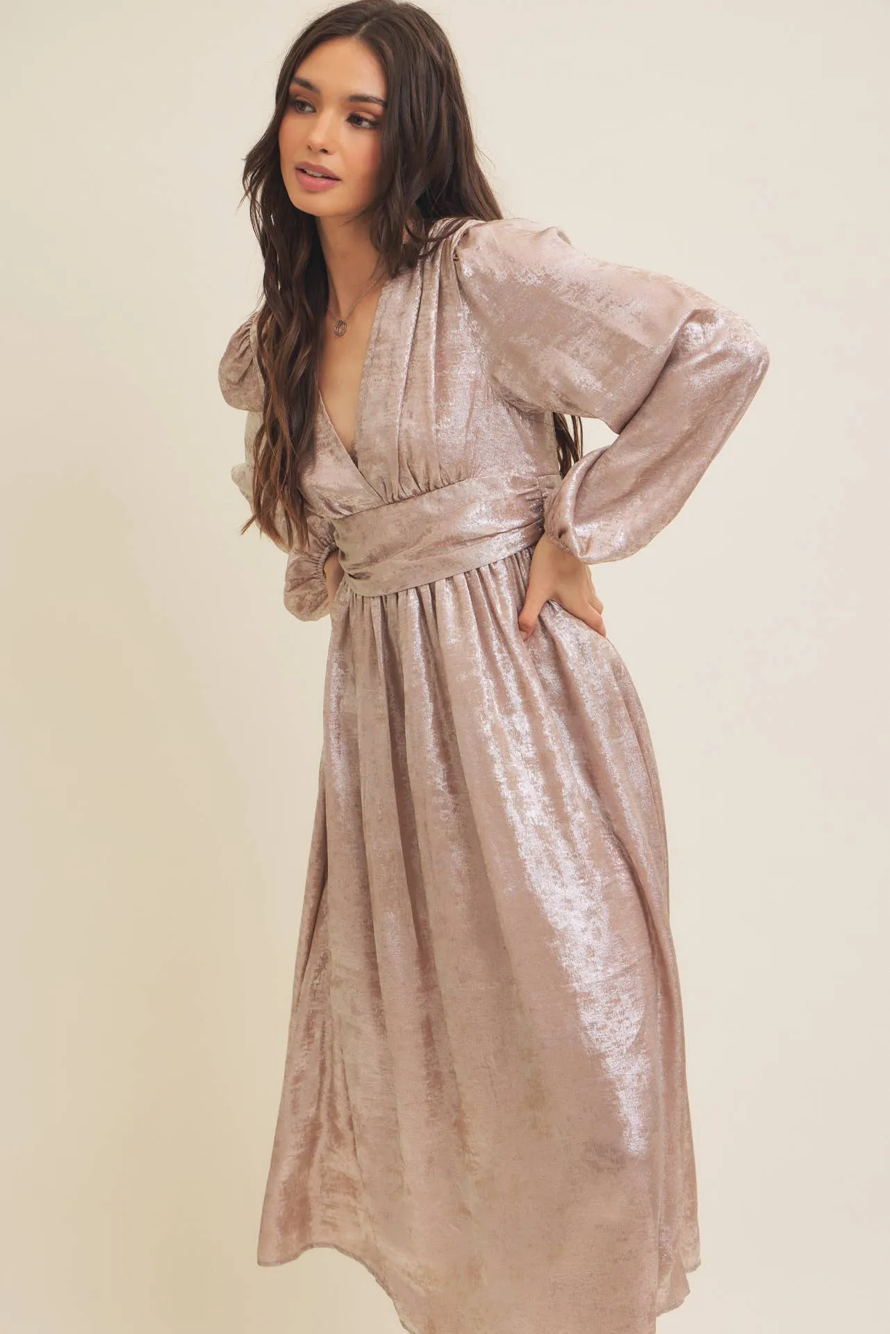 SALE SHINY NIGHTTIME METALLIC PLUNGE NECK MIDI DRESS