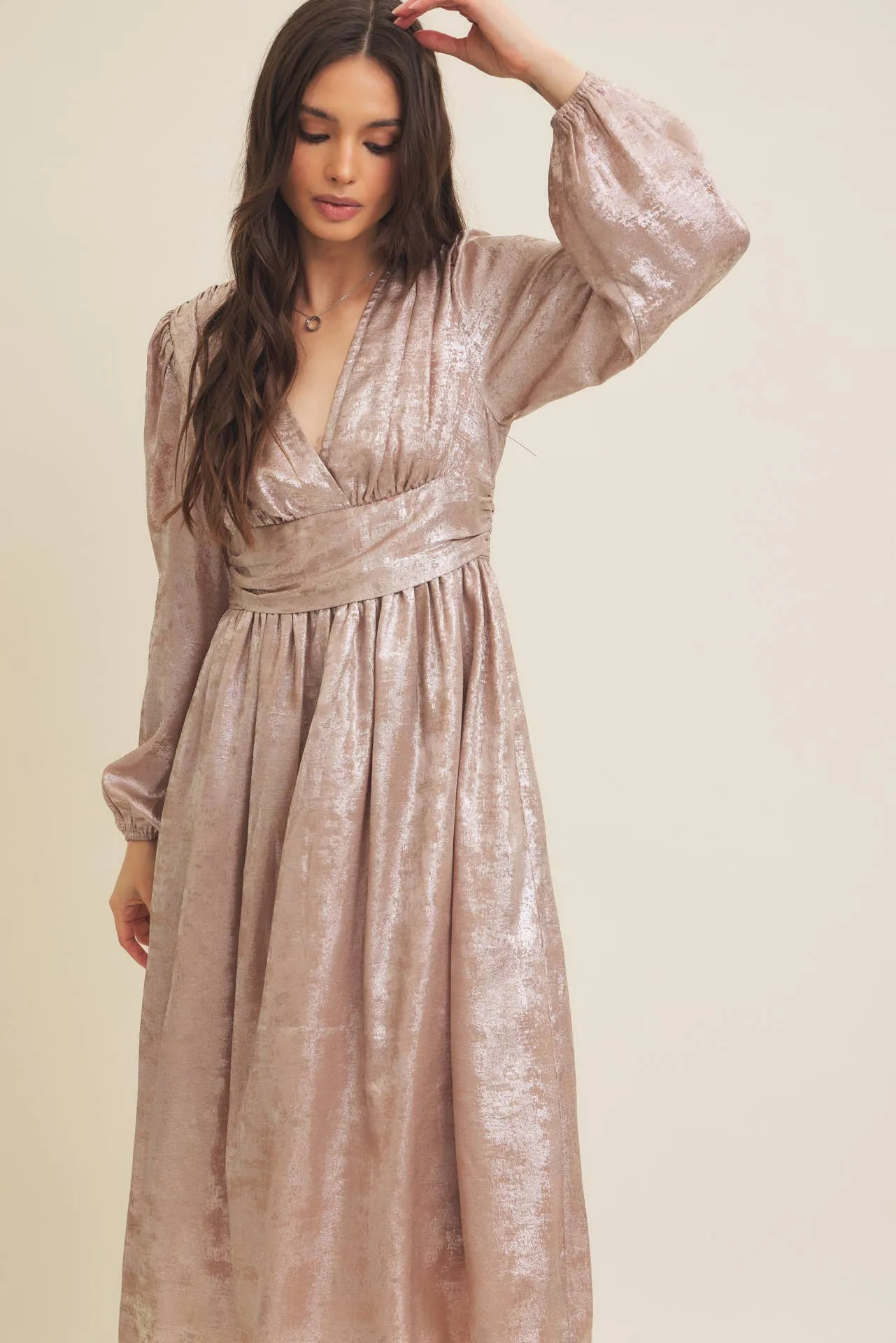 SALE SHINY NIGHTTIME METALLIC PLUNGE NECK MIDI DRESS