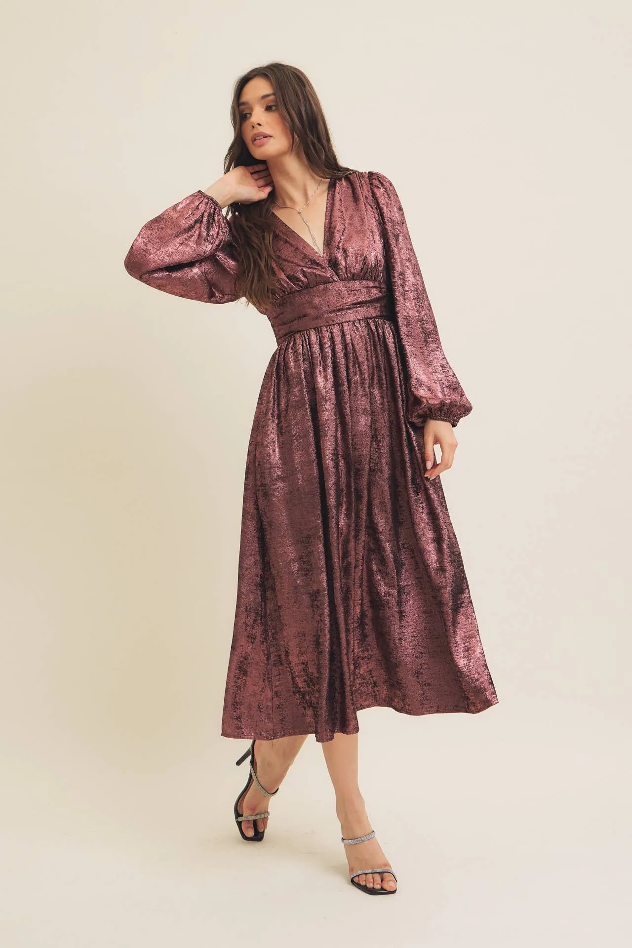 SALE SHINY NIGHTTIME METALLIC PLUNGE NECK MIDI DRESS