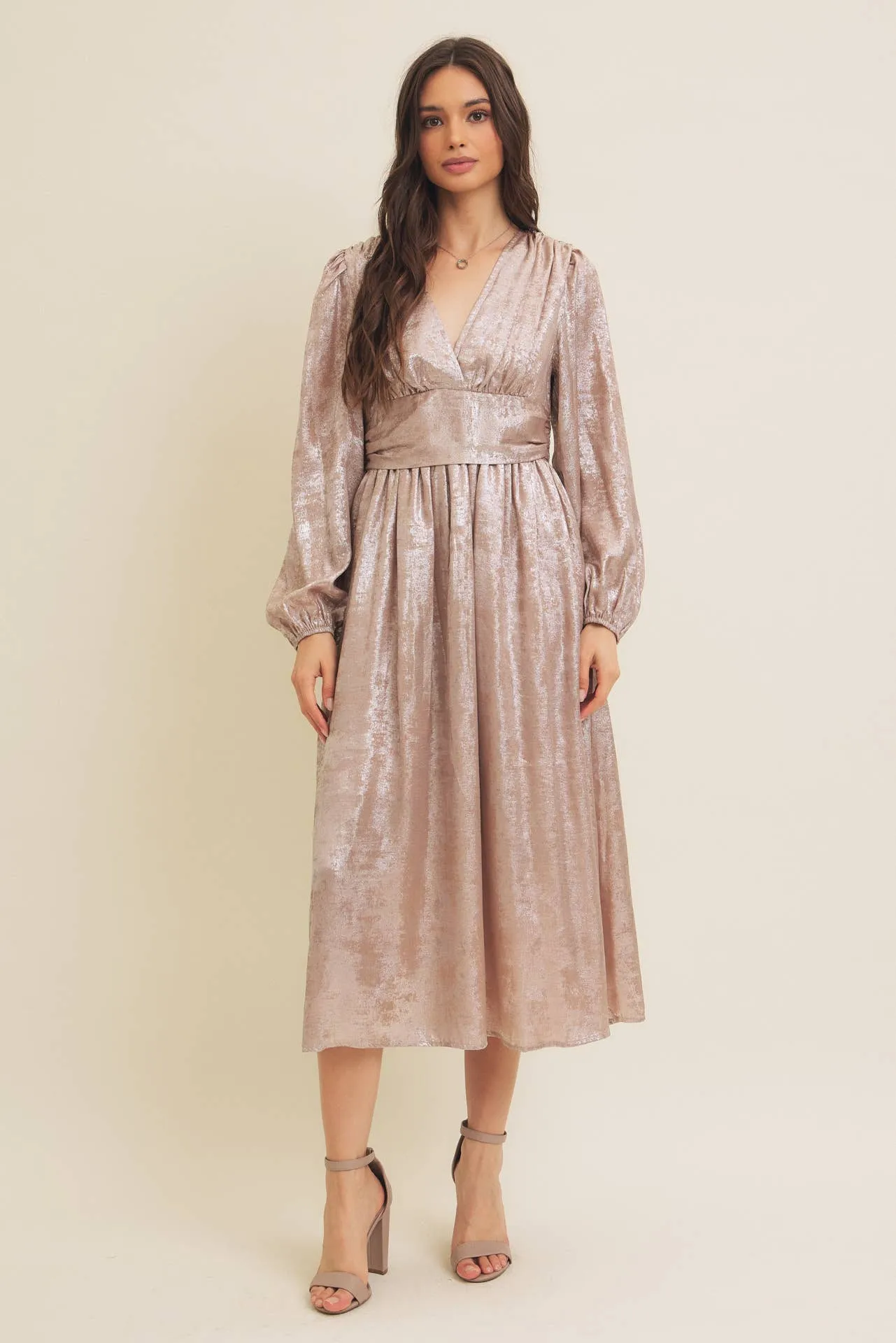 SALE SHINY NIGHTTIME METALLIC PLUNGE NECK MIDI DRESS