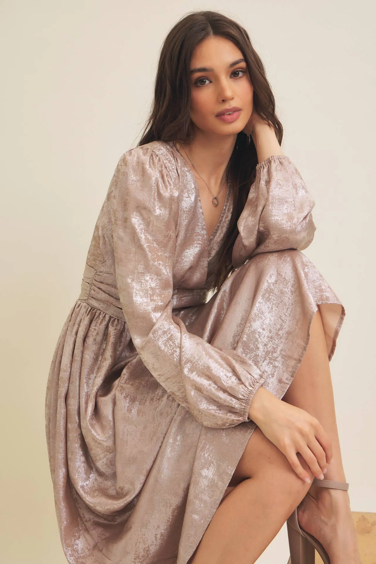SALE SHINY NIGHTTIME METALLIC PLUNGE NECK MIDI DRESS