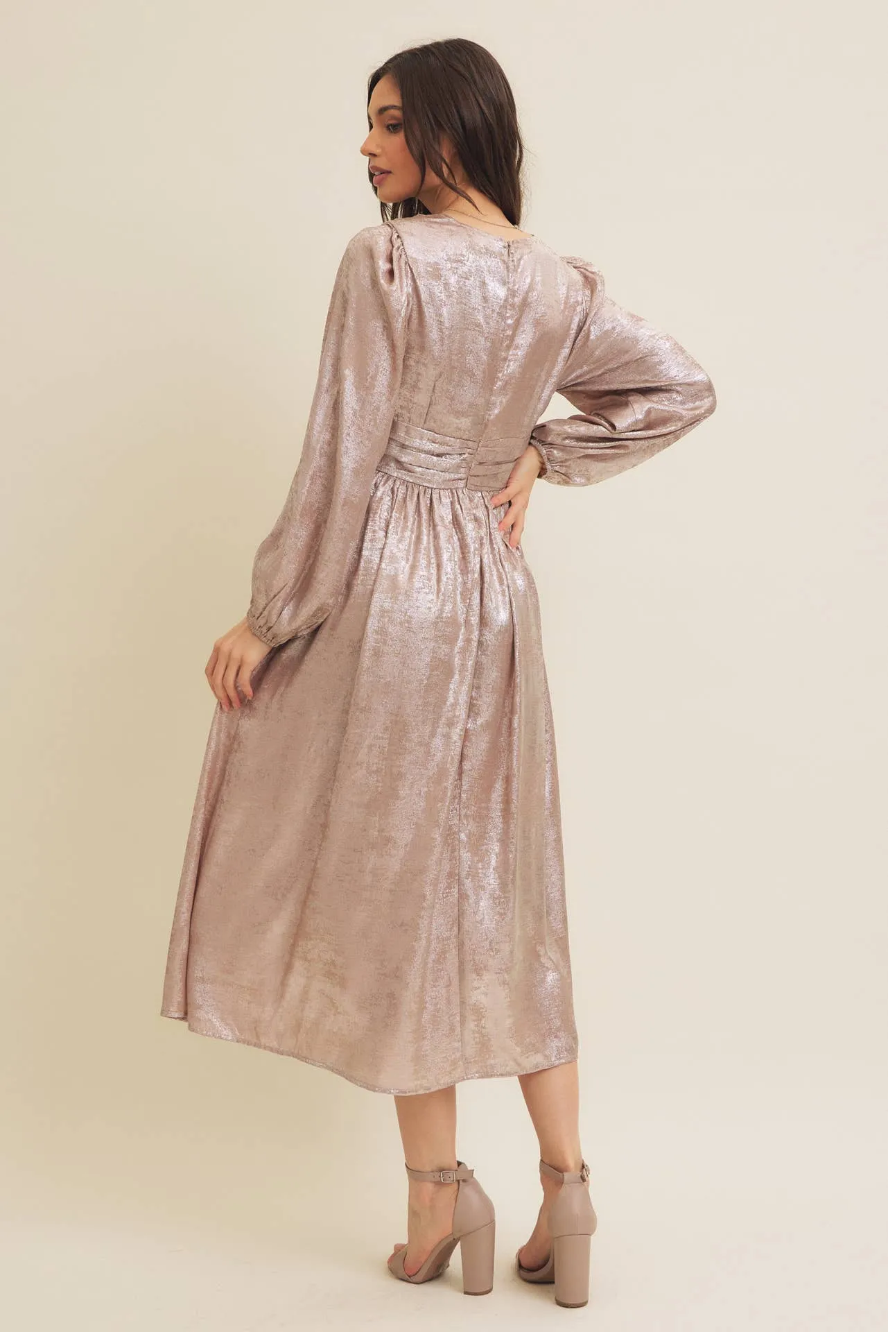 SALE SHINY NIGHTTIME METALLIC PLUNGE NECK MIDI DRESS