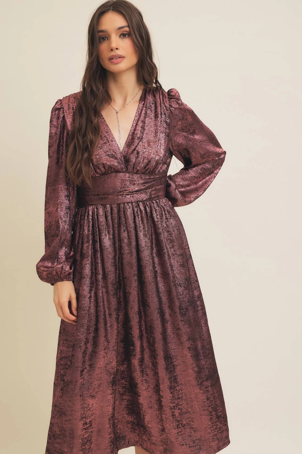 SALE SHINY NIGHTTIME METALLIC PLUNGE NECK MIDI DRESS