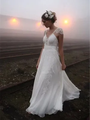 Sexy Backless Cap Sleeve V Neck A-line Chiffon Beach Wedding Dresses Online, WDY0220