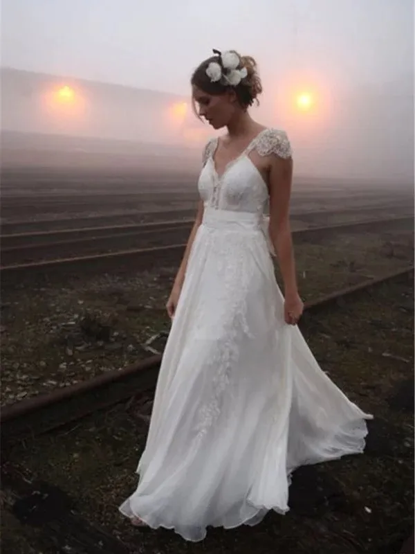Sexy Backless Cap Sleeve V Neck A-line Chiffon Beach Wedding Dresses Online, WDY0220