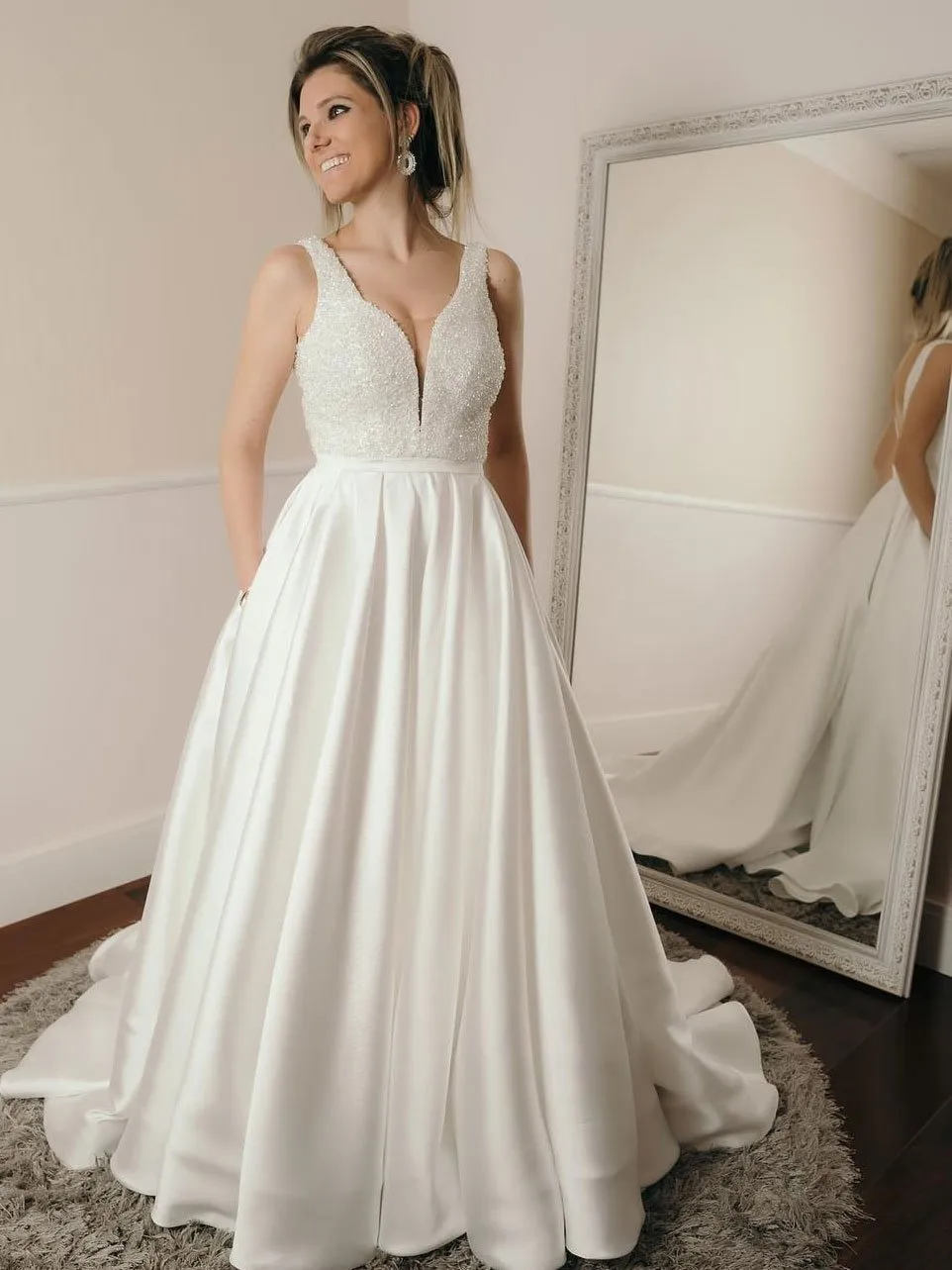 Sexy Backless V Neck A-line Custom Wedding Dresses Online, WDY0219