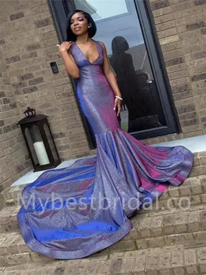 Sexy Deep V-neck Sleeveless Mermaid Prom Dresses, PDS0544