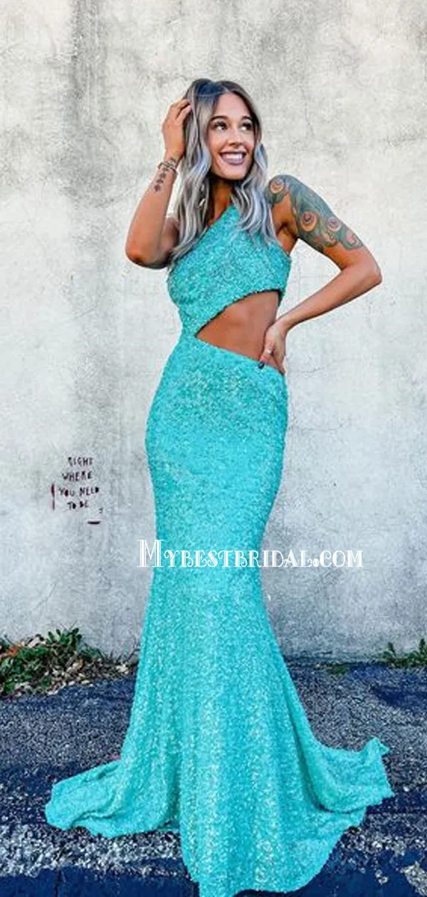 Sexy One-shoulder Mermaid Sequin Simple Long Prom Dresses, PDS0195