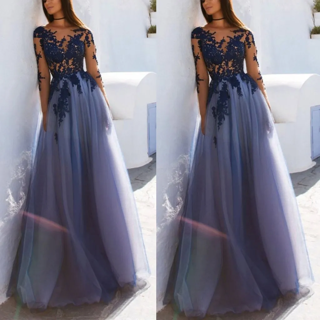 Sexy See Through Blue Lace Long Sleeve Open Back Custom Long Evening Prom Dresses , PDY0173