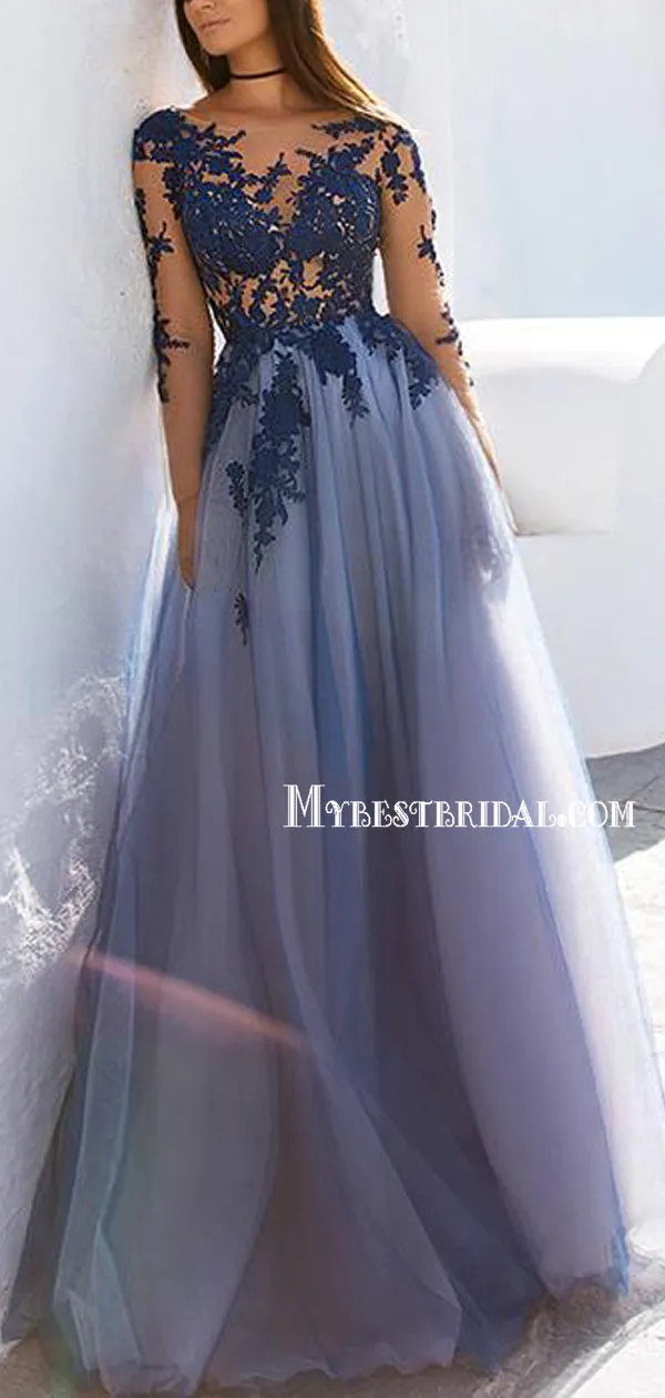 Sexy See Through Blue Lace Long Sleeve Open Back Custom Long Evening Prom Dresses , PDY0173