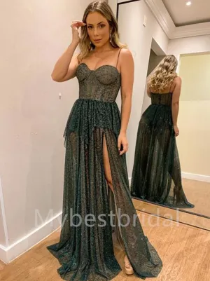 Sexy Spaghetti straps Sweetheart Side slit A-line Simple Prom Dresses ,PDS0322