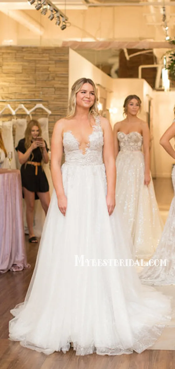 Sexy V-neck A-line Lace Tulle Long Wedding Dresses Online, WDS0080