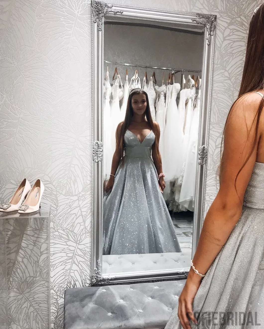 Shiny A-line Spaghetti Straps V-neck Silver Satin Prom Dresses, PD1046