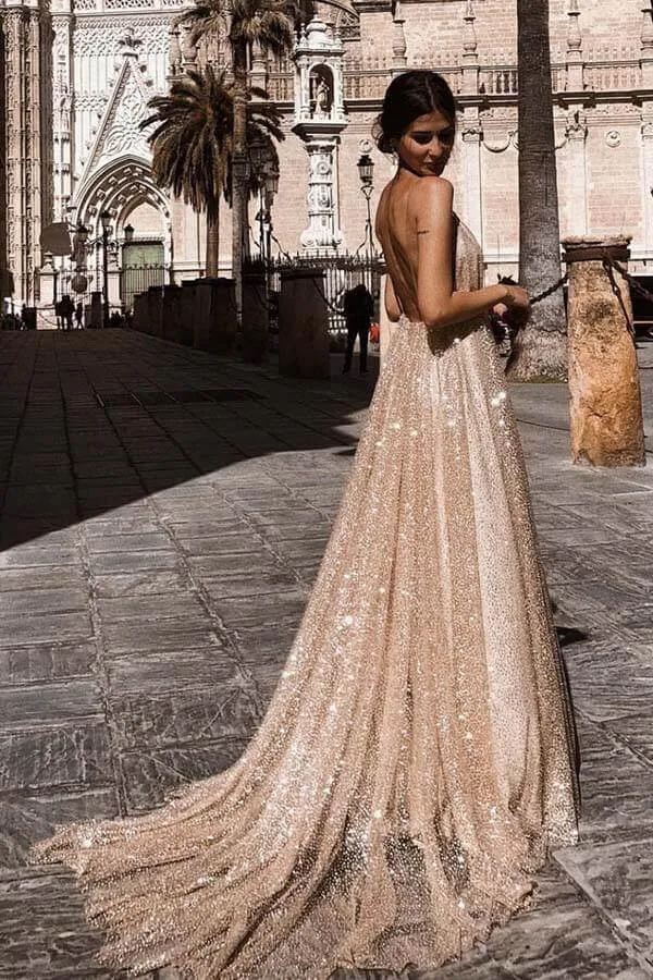 Shiny A-line V-neck Spaghetti Straps Long Prom Dresses, Evening Gown, MP631