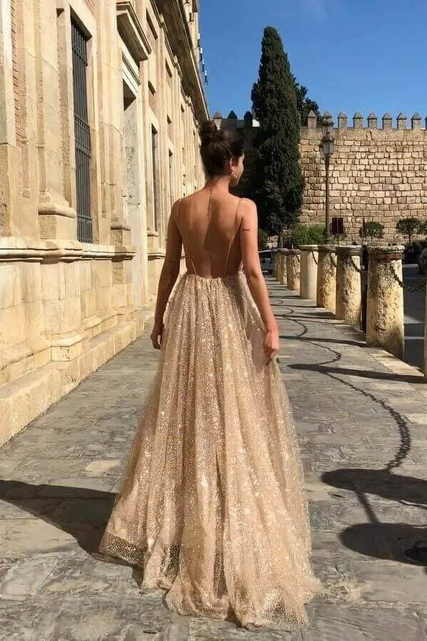 Shiny A-line V-neck Spaghetti Straps Long Prom Dresses, Evening Gown, MP631