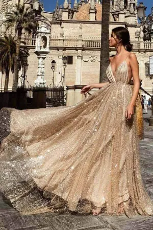 Shiny A-line V-neck Spaghetti Straps Long Prom Dresses, Evening Gown, MP631